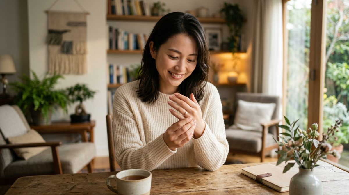 温かな光の中で指輪を見つめ、安心した笑顔を浮かべる20代の日本人女性