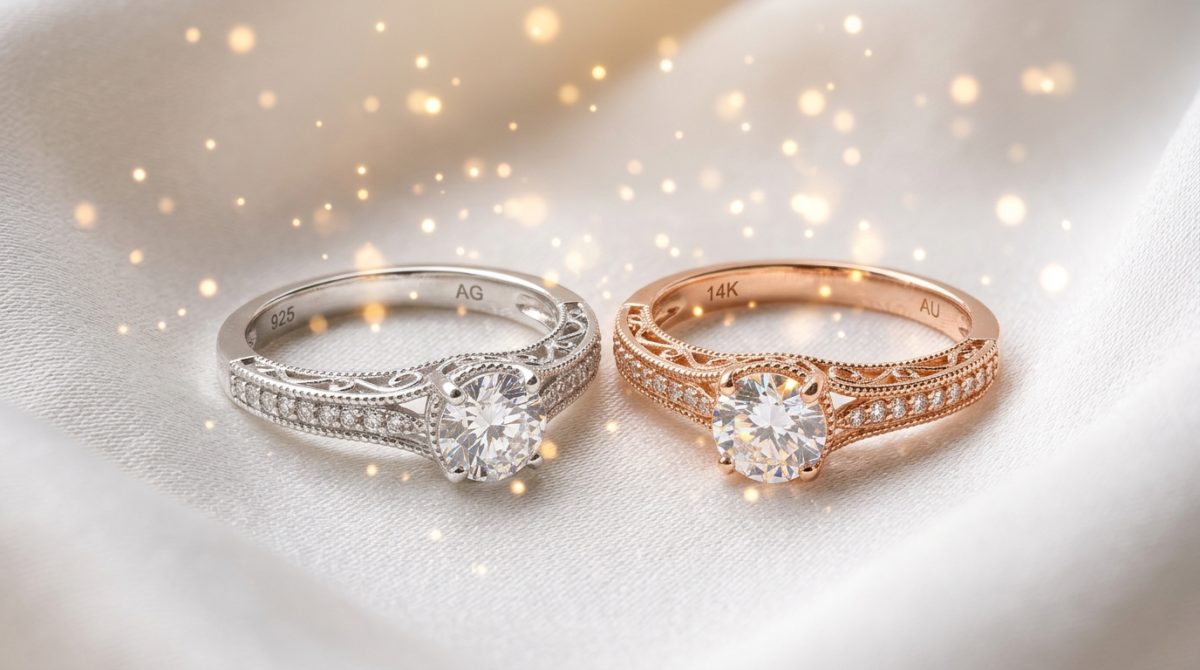 白いシルクの上に置かれた上品なシルバーとローズゴールドの神聖覚醒リング