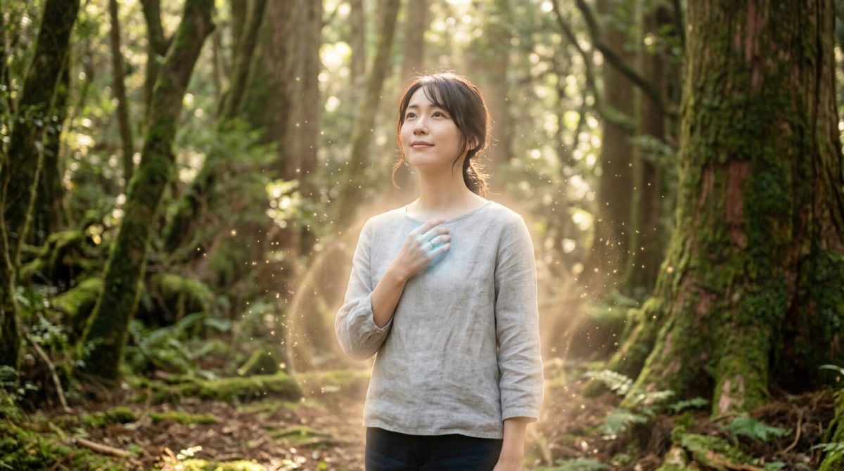 木漏れ日の中でアマラアミュレットを見つめ、安心した表情を浮かべる20代日本人女性のイメージ