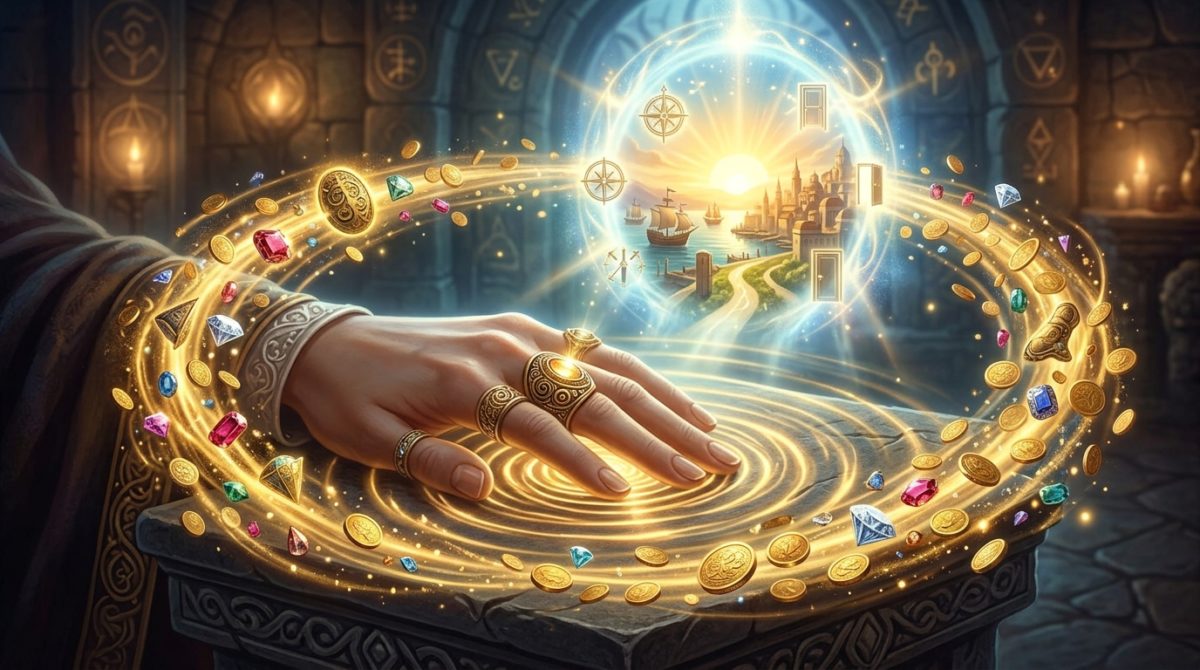 リングの波動が呼び寄せる、豊かな金運の循環とチャンスのイメージ