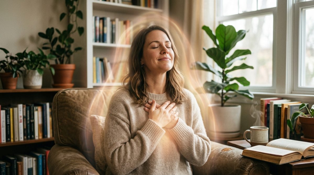 大天使ウリエルの守護を感じ、内側から溢れる安心感に包まれる女性の姿
