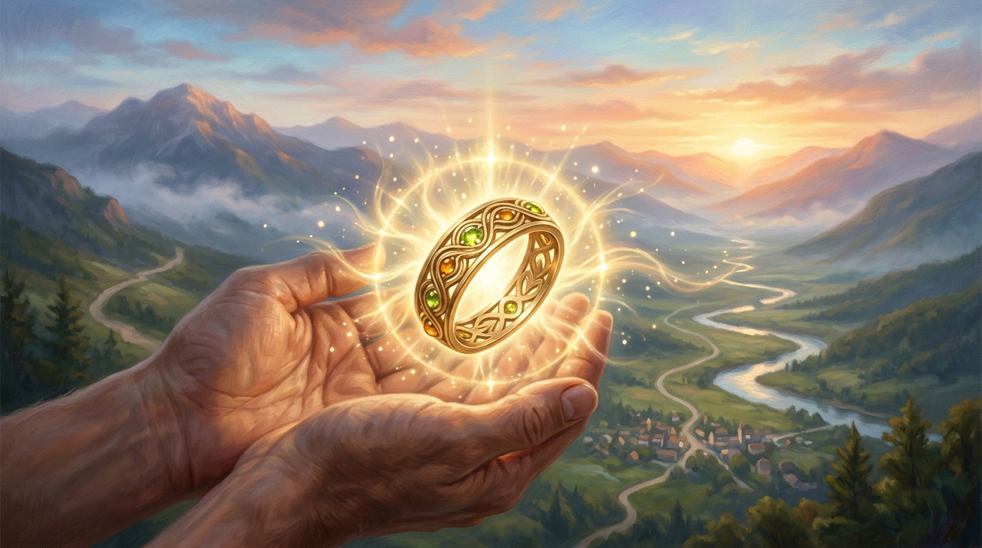 神聖な光に包まれた金運守護リングが、新しい未来を予感させるイメージ